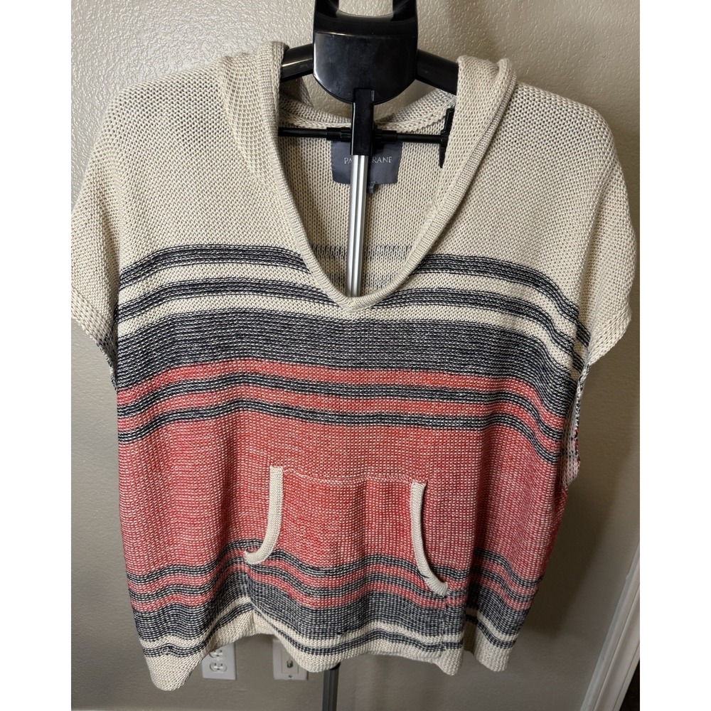 Paper Crane Hooded Sweater Poncho Boho Lagenlook Striped Knit Top L